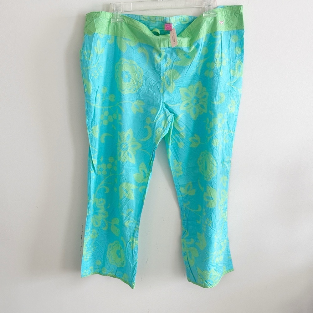 Vintage Y2K PINK blue floral tropical print Pajama Crop wide leg Pant Sz L NWT